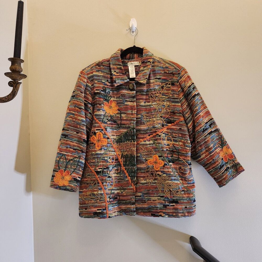 Coldwater Creek Textured Embroidered Floral Rainbow Tapestry Jacket Artsy Boho